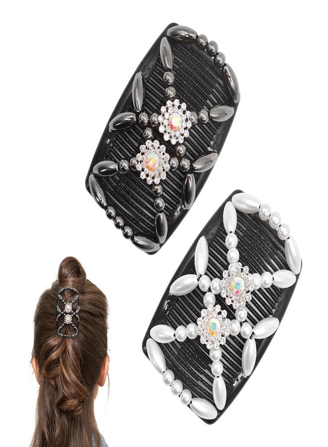 Quacc 2pcs Magic Bead Hair Combs Stretch Beaded Hair Combs Double Sided Clips Hair Comb for Women Girls DIY Hairstyling Hair Accessories (Black and White) - Image 1
